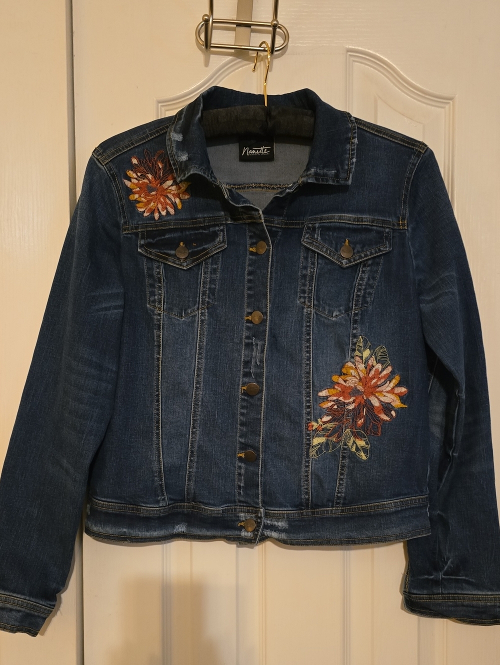 Nanette Lepore Boho Floral Embroidered Denim Jacket Medium Wash Blue
